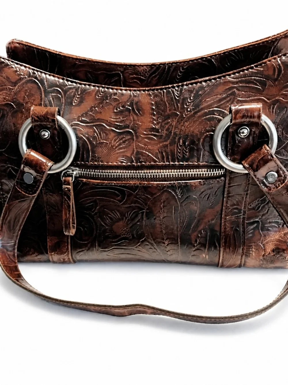 Nine West Brown Floral Faux Leather Shoulder Tote Bag Sliver Ring Accents